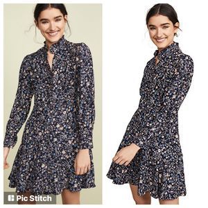 Rebecca Taylor Long Sleeve VIVIANNA Floral A-Line Shirt Dress Navy Combo 8 M$495
